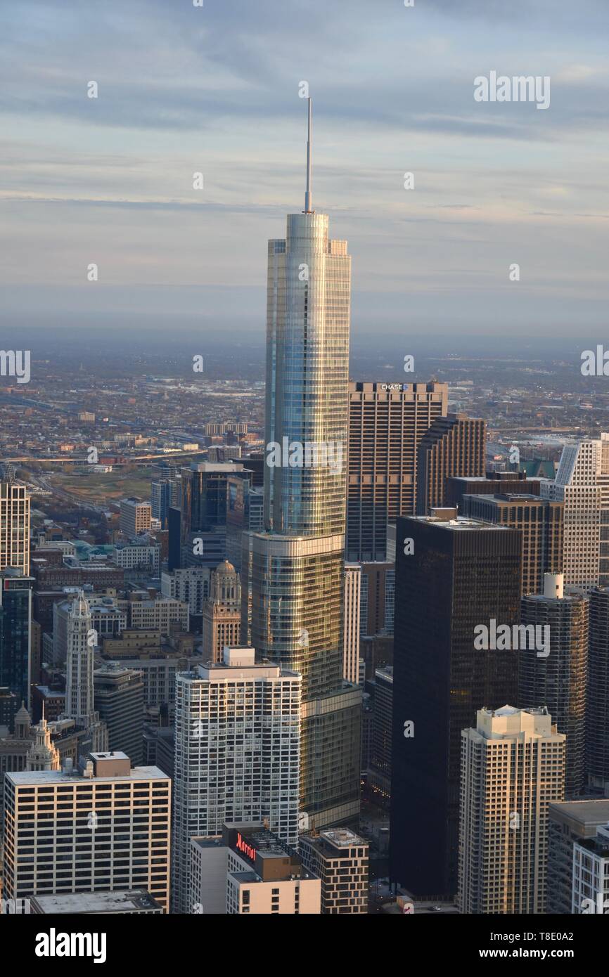 View of the Chicago skyline seen from the 360 Chicago observation deck atop the  John Hancock Center, Near North Side, Chicago, USA Stock Photo