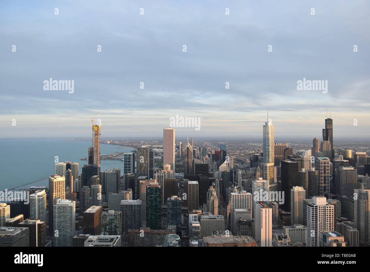 Chicago at sunset as seen from above at 360 Chicago atop the John Hancock Center, Near North Side, Magnificent Mile, Chicago, Illinois, USA Stock Photo