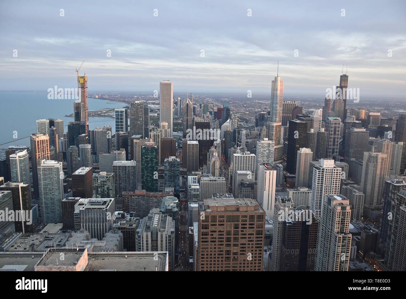 View of the Chicago skyline seen from the 360 Chicago observation deck atop the  John Hancock Center, Near North Side, Chicago, USA Stock Photo