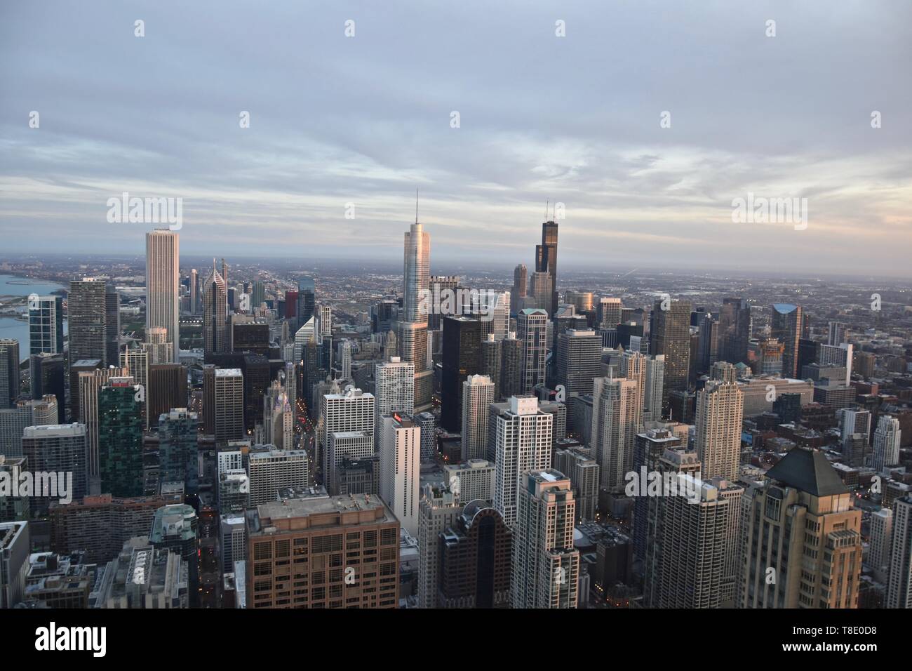 View of the Chicago skyline seen from the 360 Chicago observation deck atop the  John Hancock Center, Near North Side, Chicago, USA Stock Photo