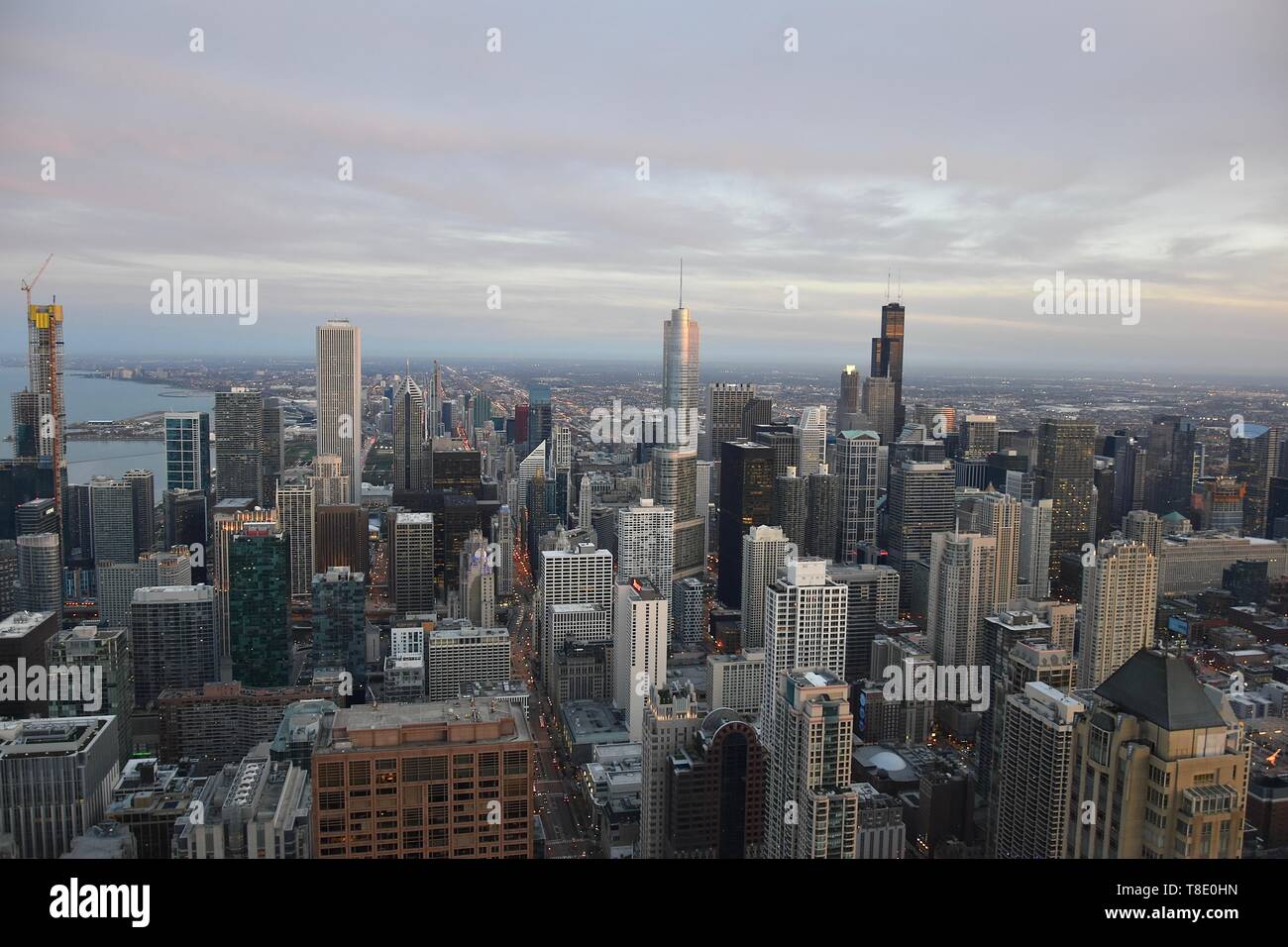 View of the Chicago skyline seen from the 360 Chicago observation deck atop the  John Hancock Center, Near North Side, Chicago, USA Stock Photo