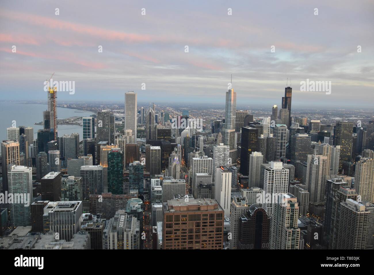 View of the Chicago skyline seen from the 360 Chicago observation deck atop the  John Hancock Center, Near North Side, Chicago, USA Stock Photo