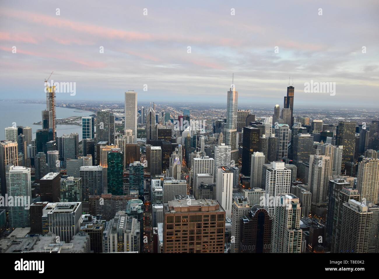 View of the Chicago skyline seen from the 360 Chicago observation deck atop the  John Hancock Center, Near North Side, Chicago, USA Stock Photo