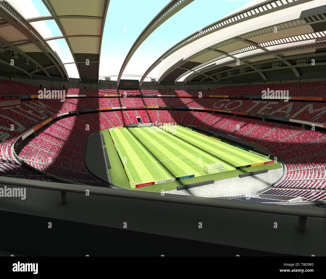 Panorama view of an empty, large 40.000 seats capacity, soccer stadium