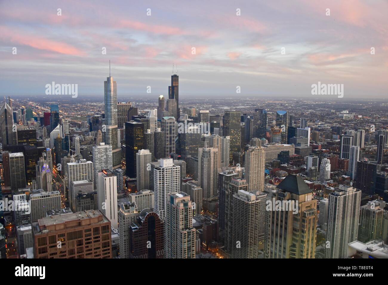Chicago at sunset as seen from above at 360 Chicago atop the John Hancock Center, Near North Side, Magnificent Mile, Chicago, Illinois, USA Stock Photo