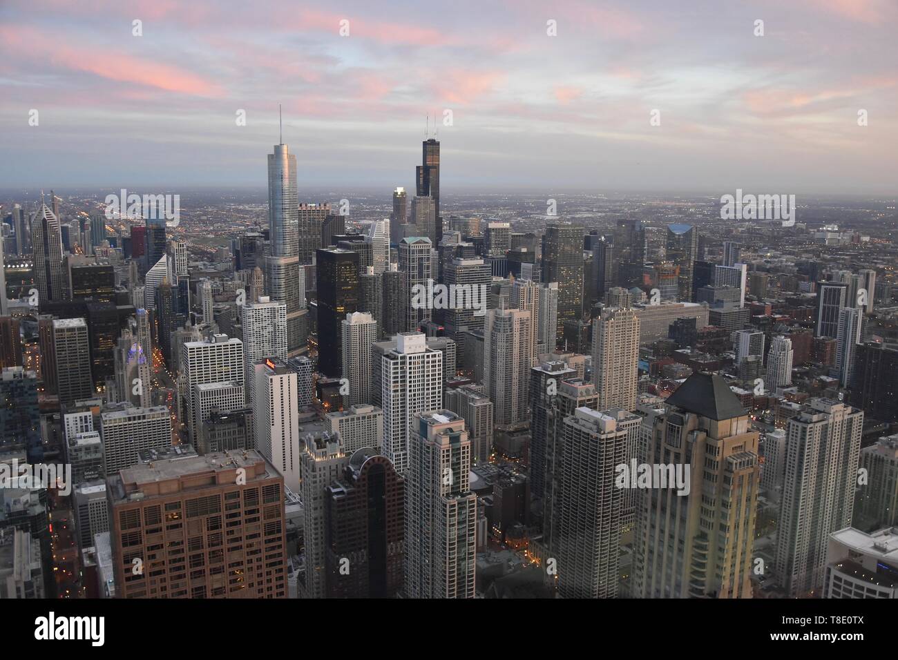 View of the Chicago skyline seen from the 360 Chicago observation deck atop the  John Hancock Center, Near North Side, Chicago, USA Stock Photo