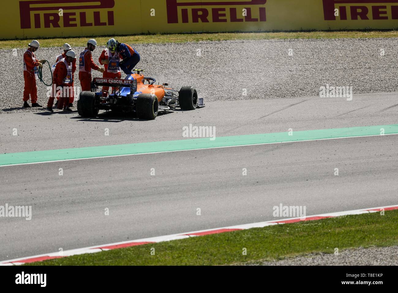 Barcelona, Spain. 12th May, 2019. LANDO NORRIS of McLaren F1 Team gets out  of the car after crashing during the Formula 1 Spanish Grand Prix at  Circuit de Barcelona-Catalunya in Barcelona, Spain.