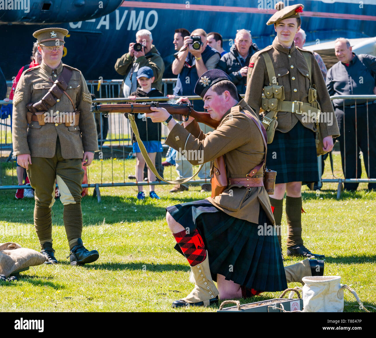 Museum of Flight, East Fortune, East Lothian, Scotland, UK 12th May, 2019. Wartime Experience: A family day out with all things related to the World Wars. A display by Scots in the Great War history group about military ordnance and firearms Stock Photo