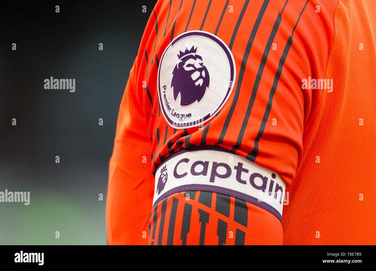London, UK. 12th May, 2019. Captains armband & PL badge on Goalkeeper Hugo  Lloris of Spurs shirt during the final Premier League match of the season  between Tottenham Hotspur and Everton at