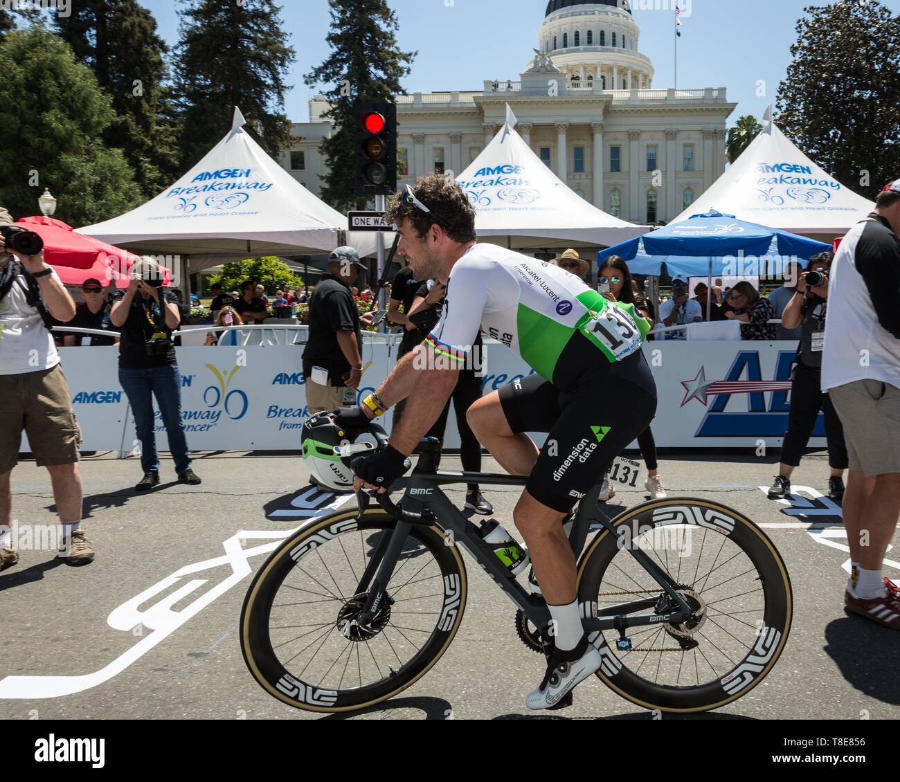 Sacramento California USA. 12th May 2019. MARK CAVENDISH of Team Dimension Data RSA makes his way to the start line during Stage 1 of the 2019 Amgen Tour of California on Sunday