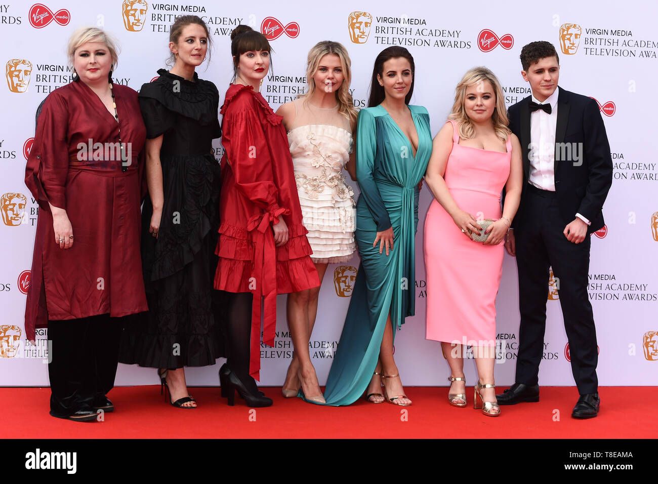 LONDON, UK. May 12, 2019: Derry Girls cast (Siobhan McSweeney, Louisa Harland, Kathy Kiera Clarke, Saoirse-Monica Jackson, Jamie-Lee O'Donnell, Nicola Coughlan & Dylan Llewellyn) arriving for the BAFTA TV Awards 2019 at the Royal Festival Hall, London. Picture: Steve Vas/Featureflash Stock Photo