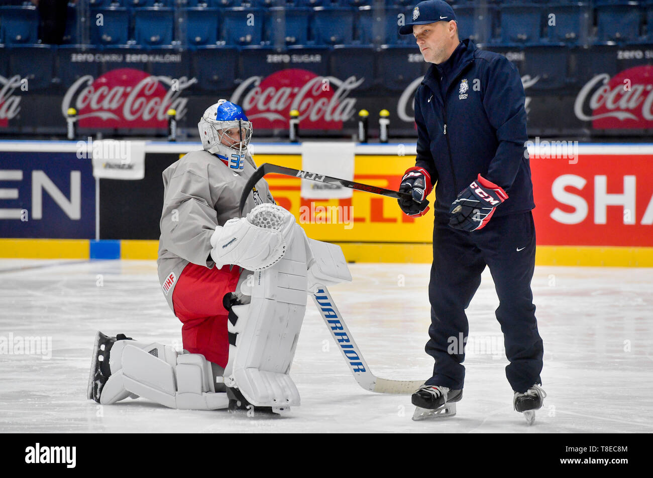 Czech ice hockey goalkeeper Pavel Francouz and goalkeepers coach Zdenek Orct at a training session of the Czech national team prior to todays match against Russia at the 2019 IIHF World Championship