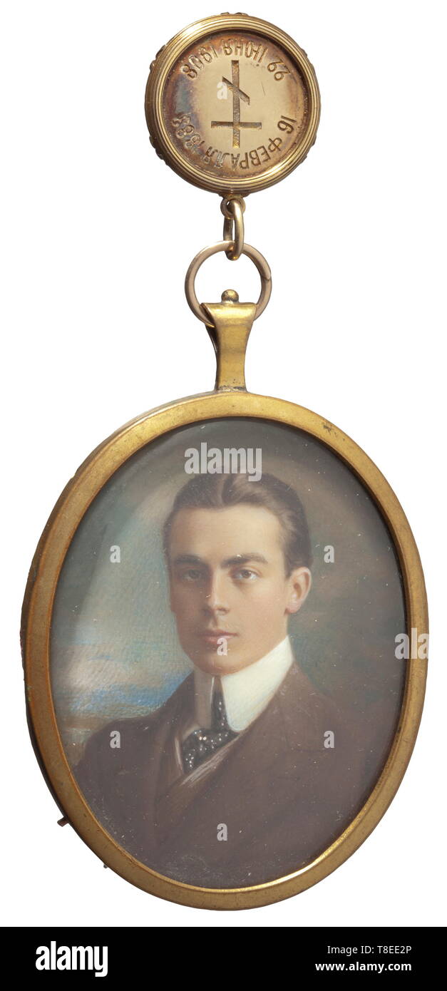 Prince Nicholas Felixovich Yusupov Count Sumarikov-Elston (1883 - 1908) A miniature portrait, Russia circa 1908/10. Guache and watercolour on bone. Illegible monogram on the left. Attached gold medallion (probably by Fabergé) with engraved life dates and a curl of his hair. In gilt brass frame. The back covered with velvet. Handwritten inscription on the inside. Size of frame with fastening eye 7.8 x 5.2 cm. Rare. Very finely executed work. Allegedly from the possession of his mother Princess Zinaida Nikolaevna Yusupova. Prince Nicholas Felixovic, Additional-Rights-Clearance-Info-Not-Available Stock Photo