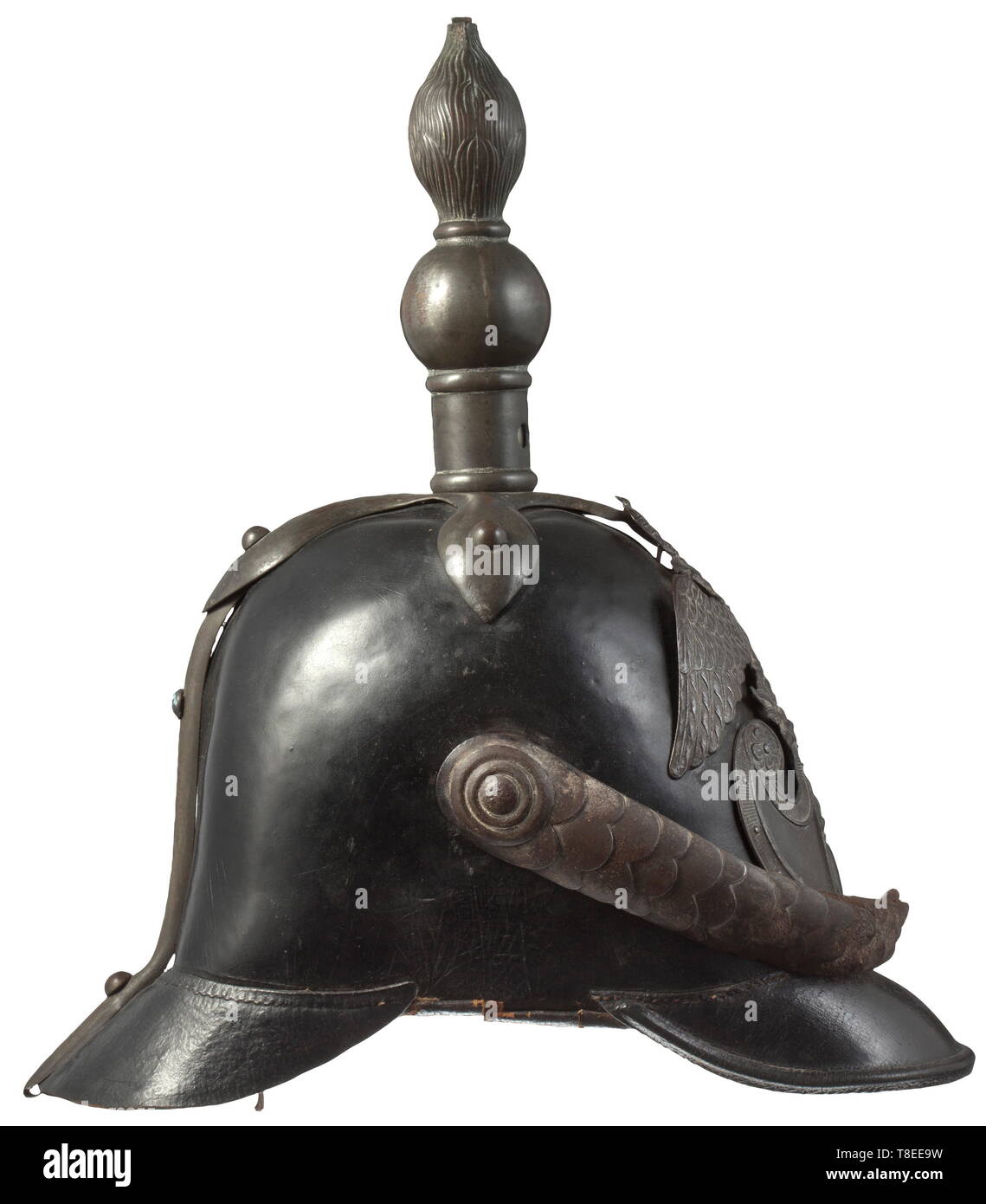 A helmet M 1844 for enlisted men of the Finnish Grenadier Regiment, Russia, circa 1850 Black leather skull with zinc plated brass fittings. Applied iron frontal plate with Finnish lion on a double-headed eagle. Curved chin scales (with rust stains), the inner straps repaired. Leather sweatband and linen liner. Height 33 cm. Signs of age. Very rare. historic, historical, 19th century, Additional-Rights-Clearance-Info-Not-Available Stock Photo