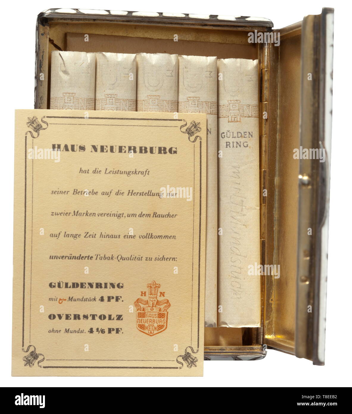 Eva Braun (1912 - 1945) - a silver enamelled cigarette case Silver, white enamelled case with engraved floral design, gilt interior, mark of fineness '935' and imperial crown. 60 x 85 mm, 148 g. Inside: five Güldenring cigarettes by Haus Neuerburg. Provenance: Ilse Fucke-Michels, Eva Braun's sister. According to her written confirmation (enclosed in copy), the case and a corresponding (no longer existent) silver cigarette holder were gifts from her employer, the photographer Heinrich Hoffmann. historic, historical, 20th century, 1930s, NS, National Socialism, Nazism, Third , Editorial-Use-Only Stock Photo