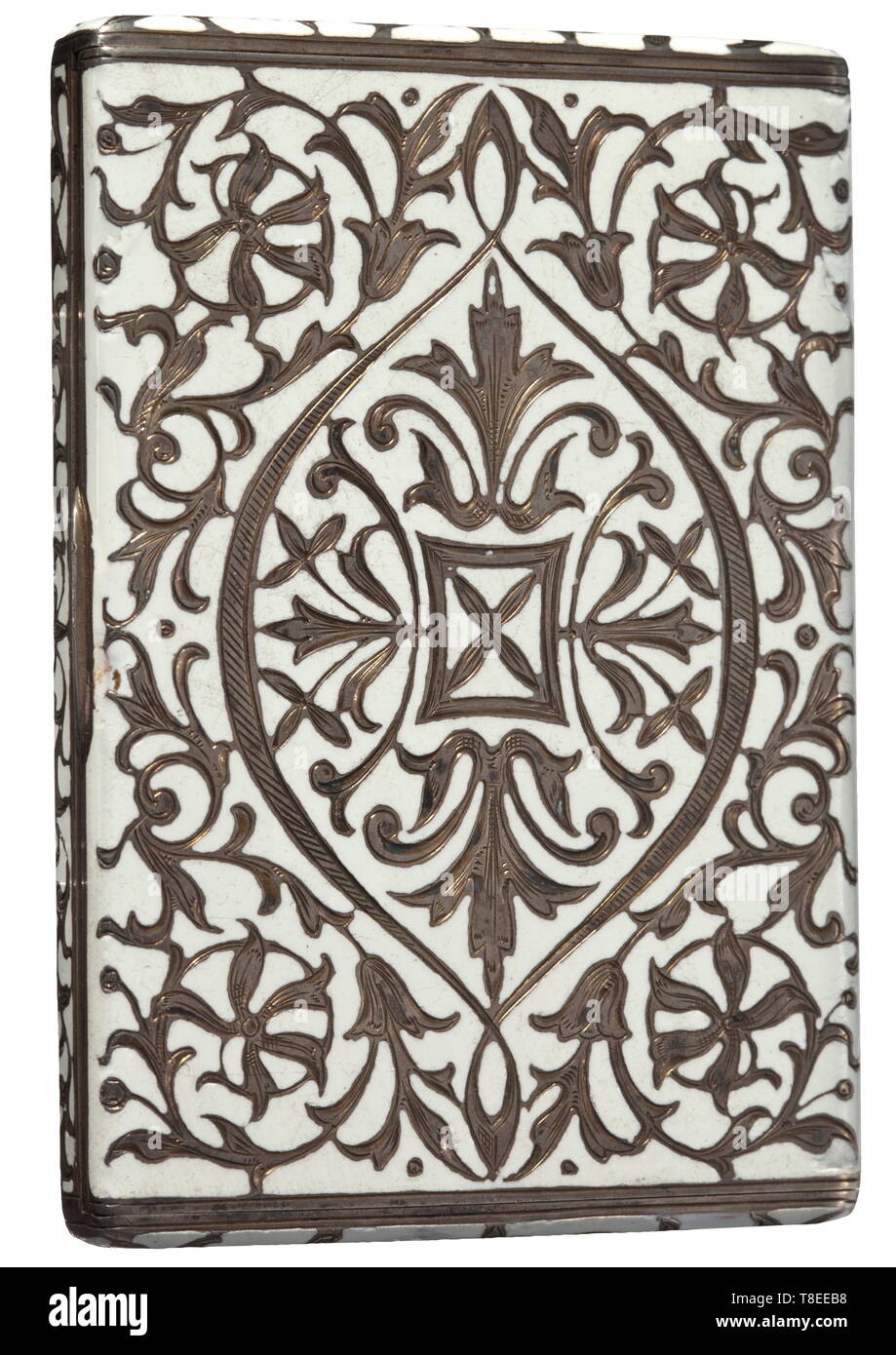 Eva Braun (1912 - 1945) - a silver enamelled cigarette case Silver, white enamelled case with engraved floral design, gilt interior, mark of fineness '935' and imperial crown. 60 x 85 mm, 148 g. Inside: five Güldenring cigarettes by Haus Neuerburg. Provenance: Ilse Fucke-Michels, Eva Braun´s sister. According to her written confirmation (enclosed in copy), the case and a corresponding (no longer existent) silver cigarette holder were gifts from her employer, the photographer Heinrich Hoffmann. historic, historical, 20th century, 1930s, NS, National Socialism, Nazism, Third , Editorial-Use-Only Stock Photo