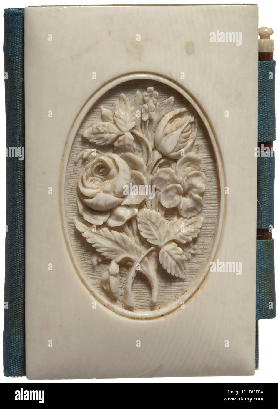 Eva Braun (1912 - 1945) - a small ivory case with three blonde curls Carved ivory case, a carved bouquet of roses in an oval medallion at front, blue silk lining, inside: three curls of hair in different shades of blonde. 64 x 45 mm. In a light envelope with handwritten inscription 'Haare Eva'. Provenance: Ilse Fucke-Michels, Eva Braun's sister. historic, historical, 20th century, 1930s, NS, National Socialism, Nazism, Third Reich, German Reich, Germany, German, National Socialist, Nazi, Nazi period, fascism, Editorial-Use-Only Stock Photo