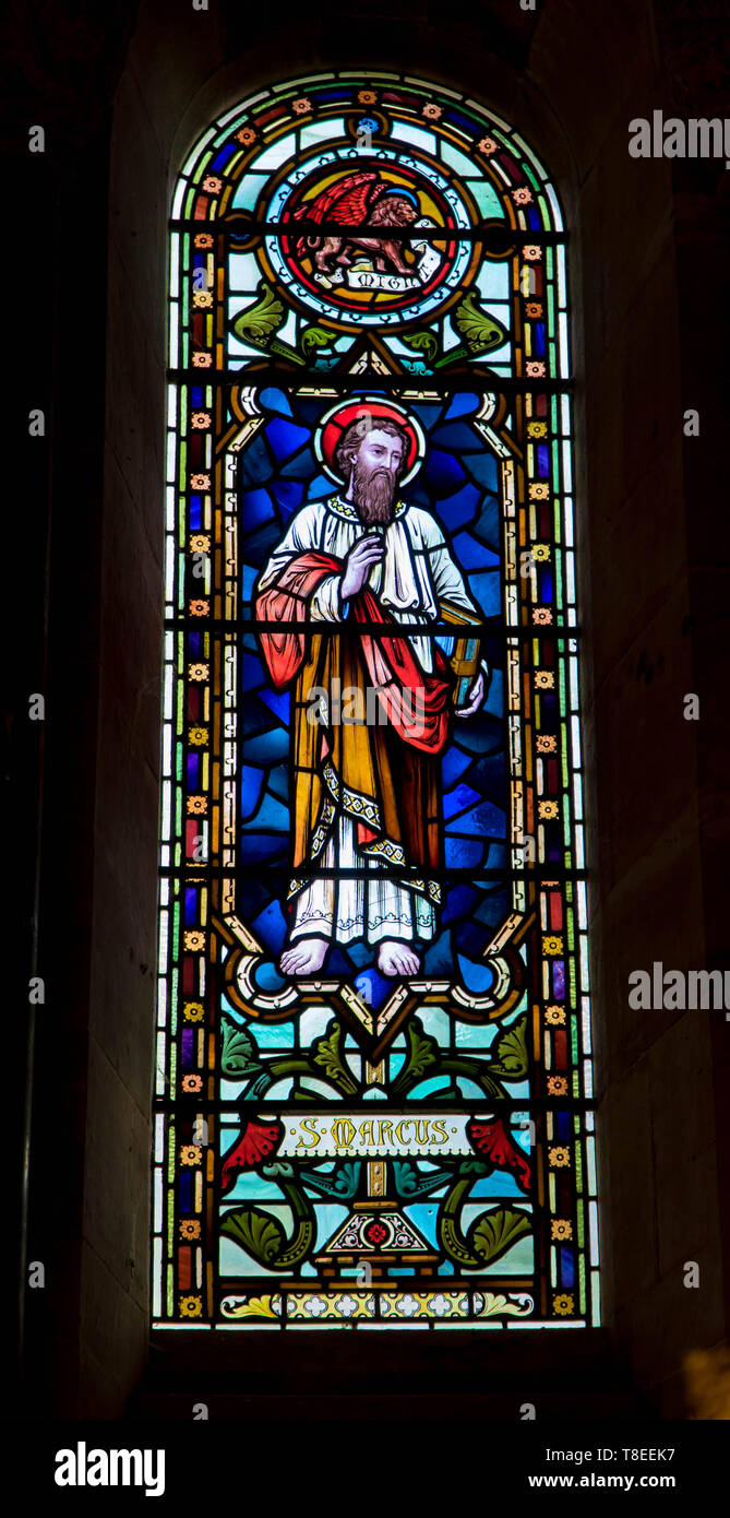 St. Mark depicted in stained glass at St Catherine church, Hoarwithy Herefordshire England UK. February 2019. Stock Photo