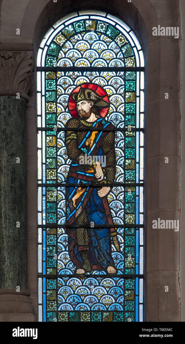 Pre-Raphaelite stained glass depicting Judah son of Jacob and Leah, St Catherine church Hoarwithy Herefordshire England UK. February 2019. Stock Photo