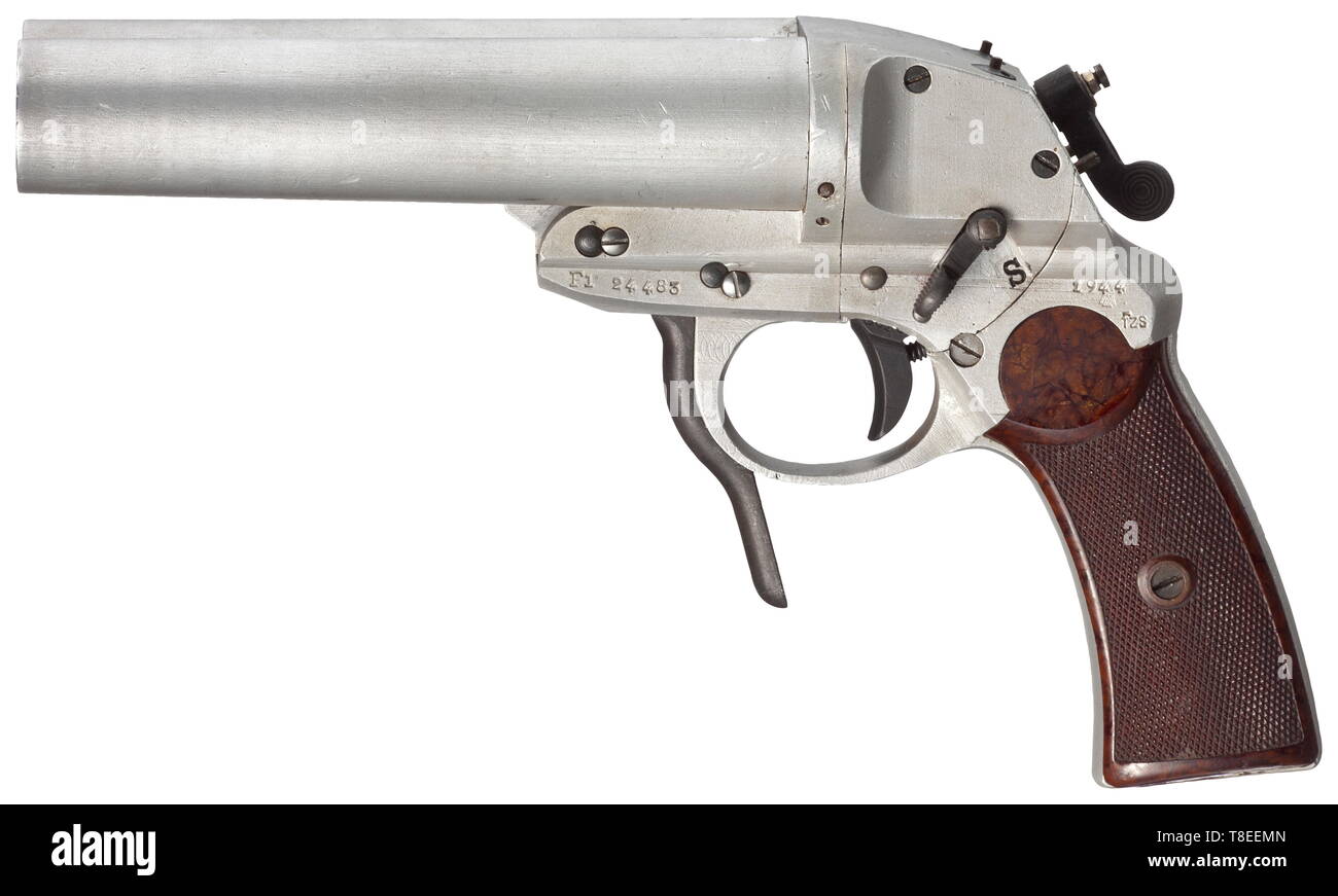 A double-barrelled flare pistol mod. L, code 'fzs' Cal. 4, no. 6015. Matching numbers. Bright bores. On barrels and on rear frame merely large Luftwaffe acceptance marks instead of proof mark. LW request no. Fl 24483. Produced in 1944 at Heinrich Krieghoff, Suhl. On rear left of frame marked '1944 / Adler-2 / fzs'. Signal pin. Fire selector. Duraluminium manufacture with silver-colour coating. Dural, black anodised operational parts. Dark brown Bakelite grip panels. Rare, late model with unusual coating. New condition. Erwerbsscheinpflichtig. historic, historical, 20th cent, Editorial-Use-Only Stock Photo