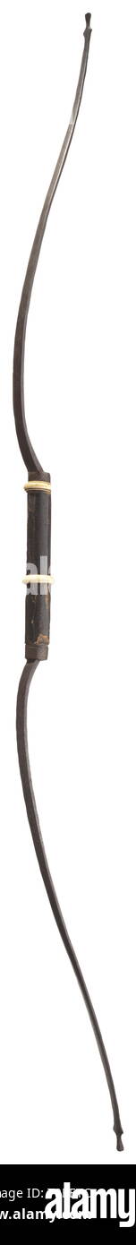 A European iron sporting bow of so-called 'Hellenic' form, late 18th/early 19th century. The upper and lower sections re-curved and tapering to terminals shaped for the bow-string, the centre section covered in leather over a wooden core, with incised hatched collars over the ends and with raised ivory bands at both ends of the grip (one band chipped) Width 141.6 cm. historic, historical, weapons, arms, weapon, arm, baronial, military, militaria, rapier, rapiers, sword, swords, melee weapon, melee weapons, thrusting, thrustings, baton, object, ob, Additional-Rights-Clearance-Info-Not-Available Stock Photo