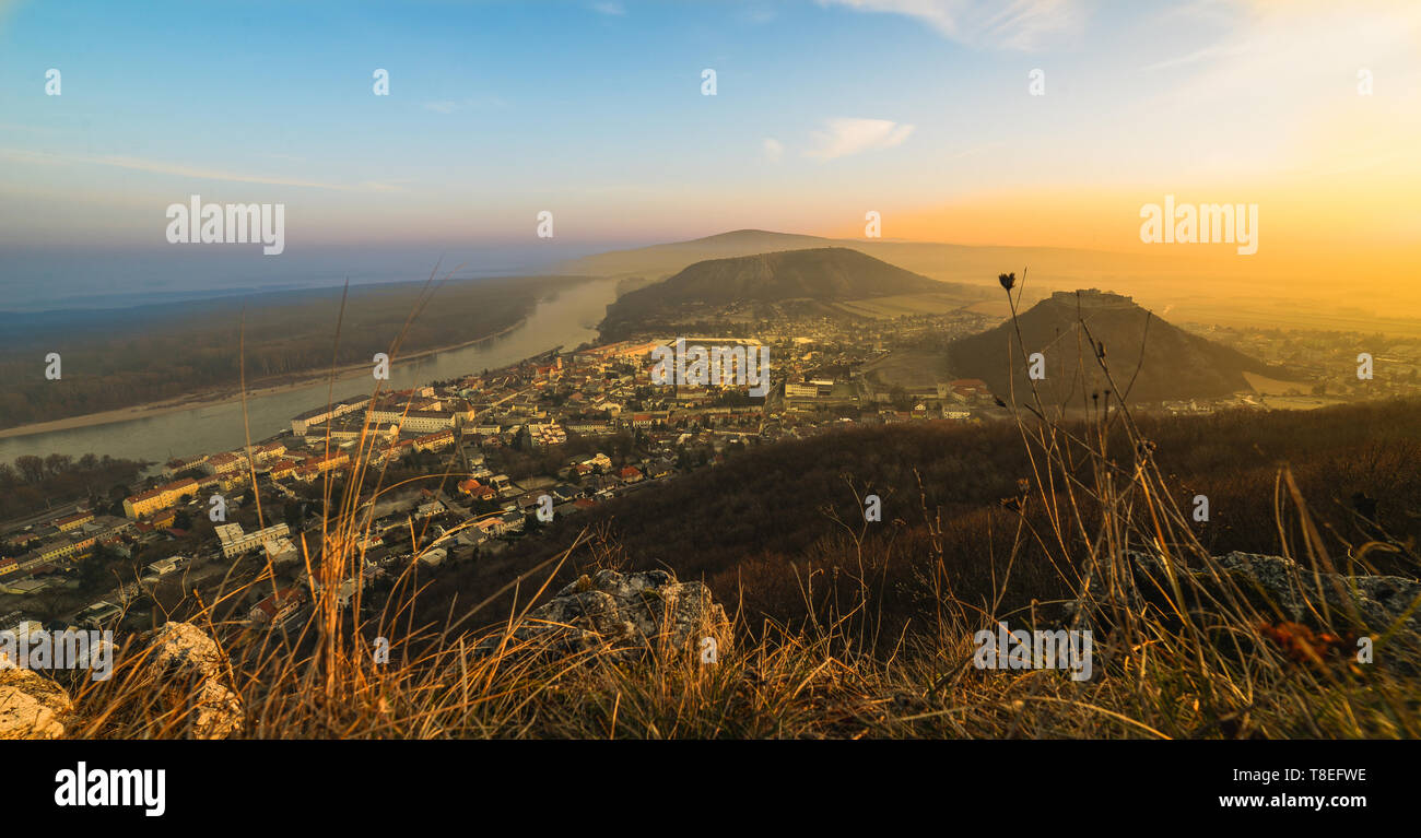 Morning view from Hundsheimer Hill to Hainburg an der Donau during ...