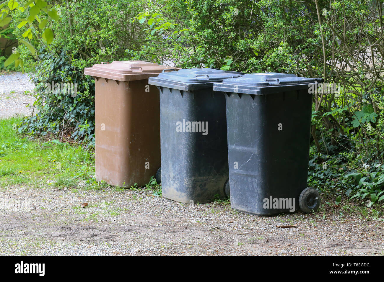 Black and brown trash cans on the street Stock Photo Alamy