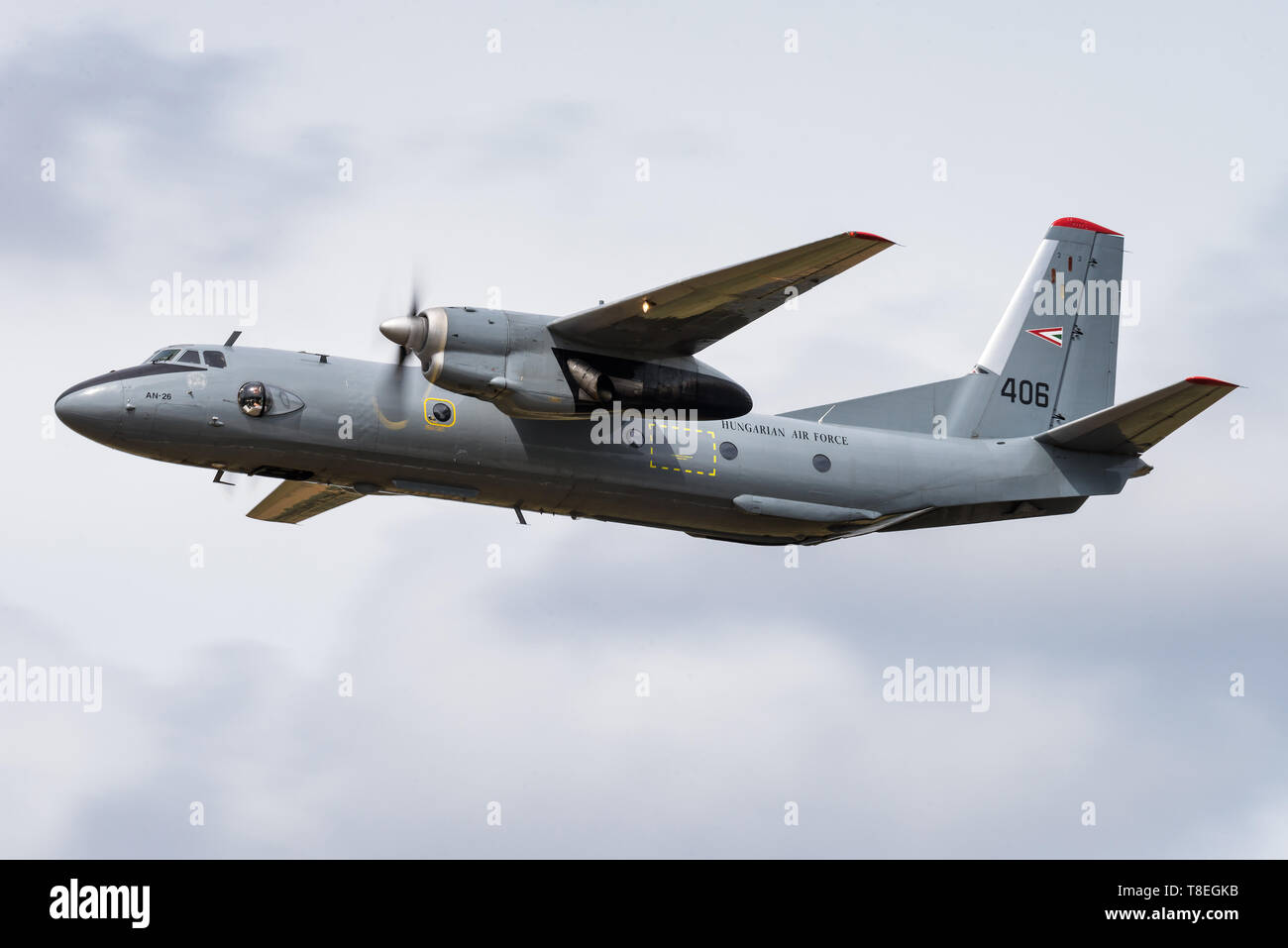 An Antonov An-26 twin-engined turboprop military transport aircraft of the Hungarian Air Force. Stock Photo