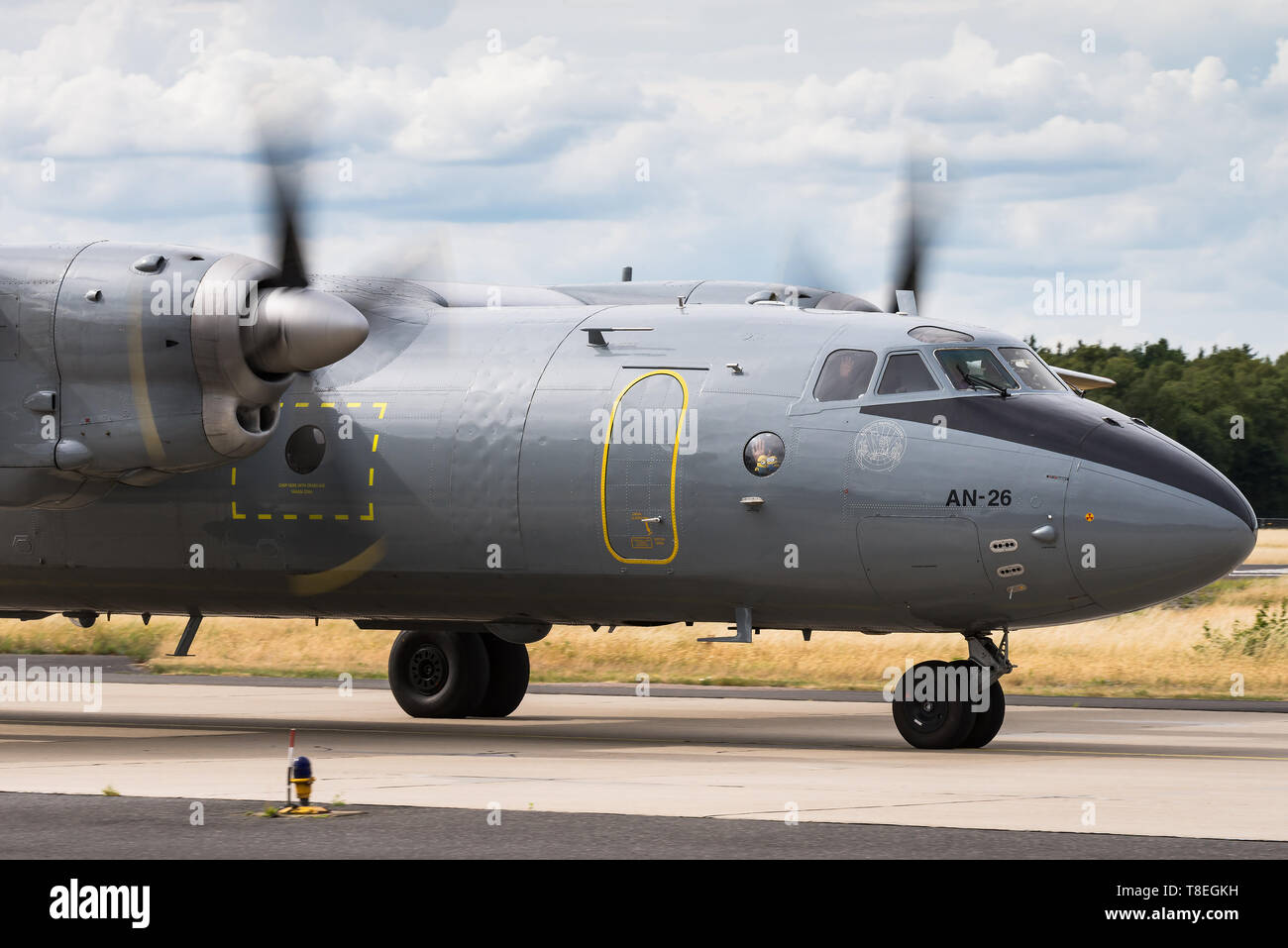 An Antonov An-26 twin-engined turboprop military transport aircraft of the Hungarian Air Force. Stock Photo