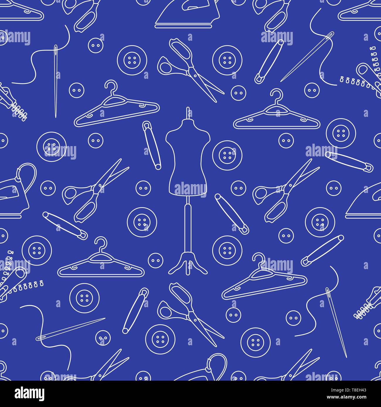 Vector seamless pattern with tools and accessories for sewing. Template