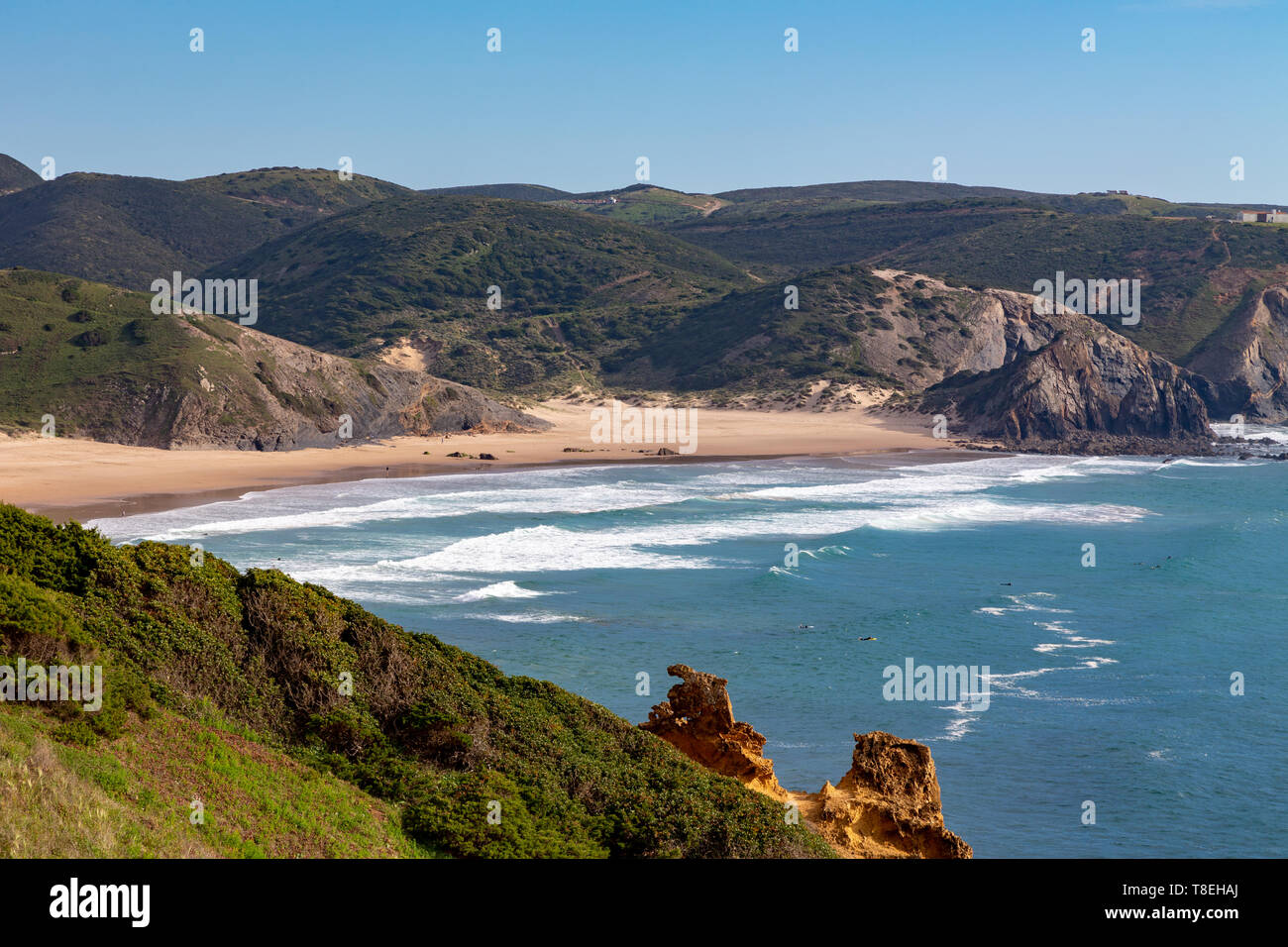 Praia do Amado in the Costa Vicentina natural park at the Atlantic Ocean at the Algarve, Portugal. Stock Photo