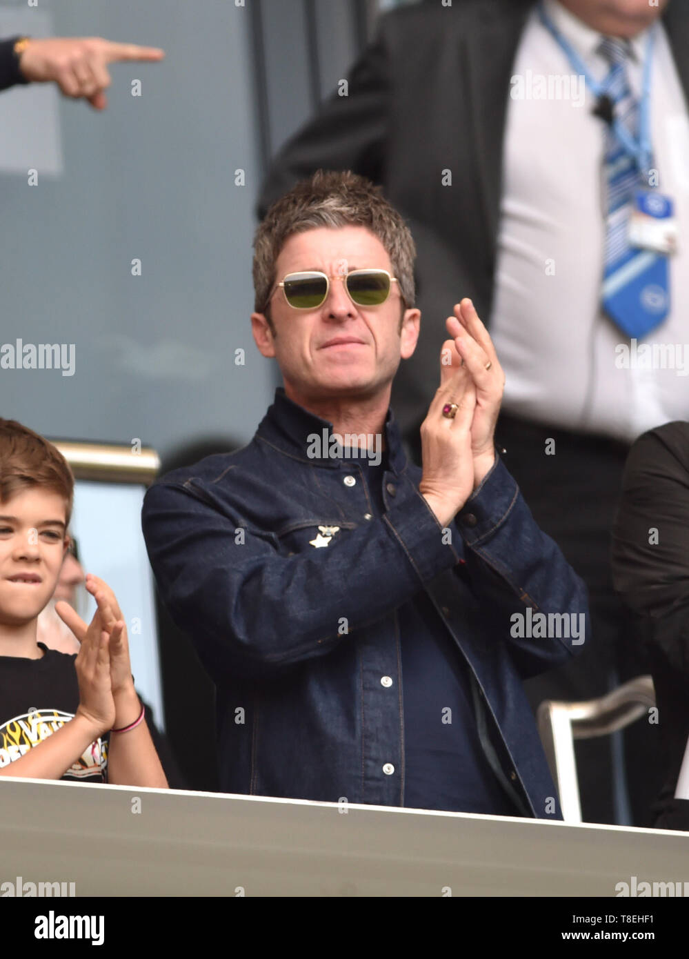 Noel Gallagher celebrates City's second goal during the Premier League match between Brighton & Hove Albion and Manchester City  at the American Express Community Stadium 12 May 2019 Editorial use only. No merchandising. For Football images FA and Premier League restrictions apply inc. no internet/mobile usage without FAPL license - for details contact Football Dataco Stock Photo