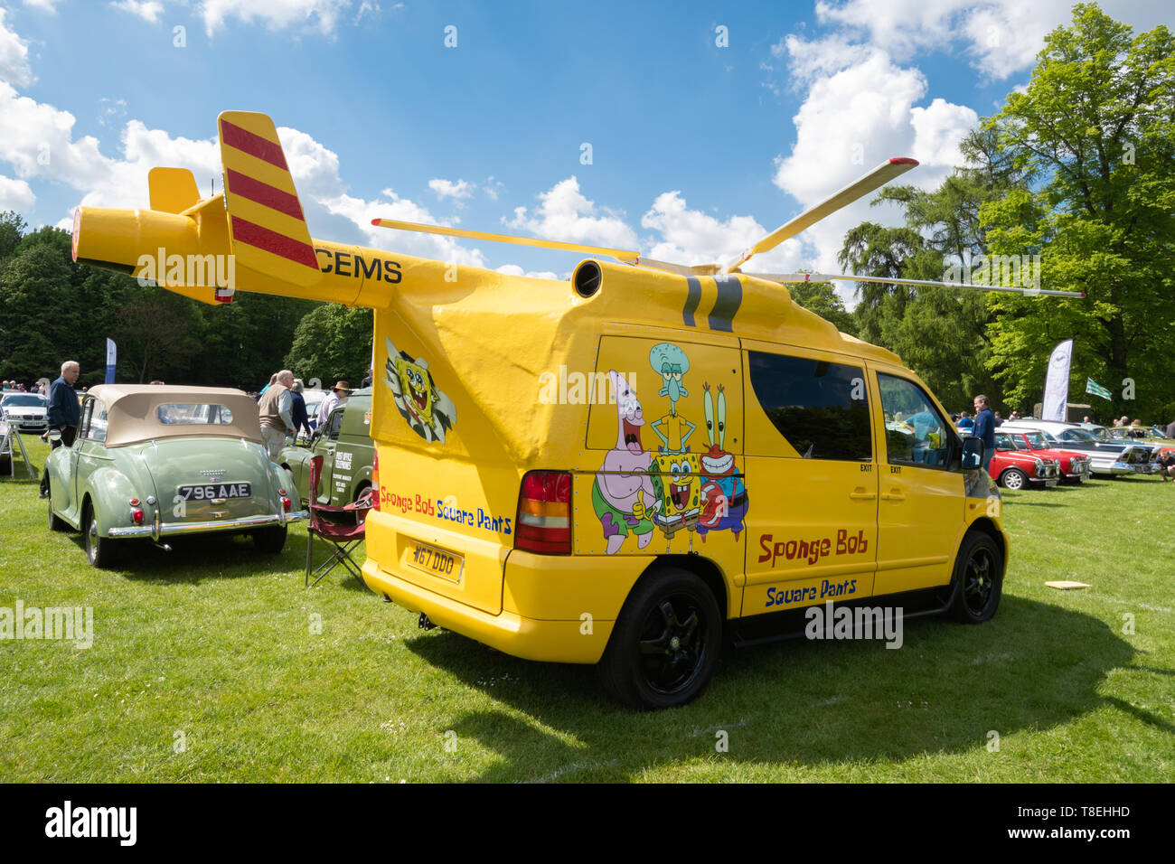 Yellow van decorated as Sponge Bob Square Pants (Spongebob Squarepants) helicopter at the Basingstoke Transport Festival, UK Stock Photo