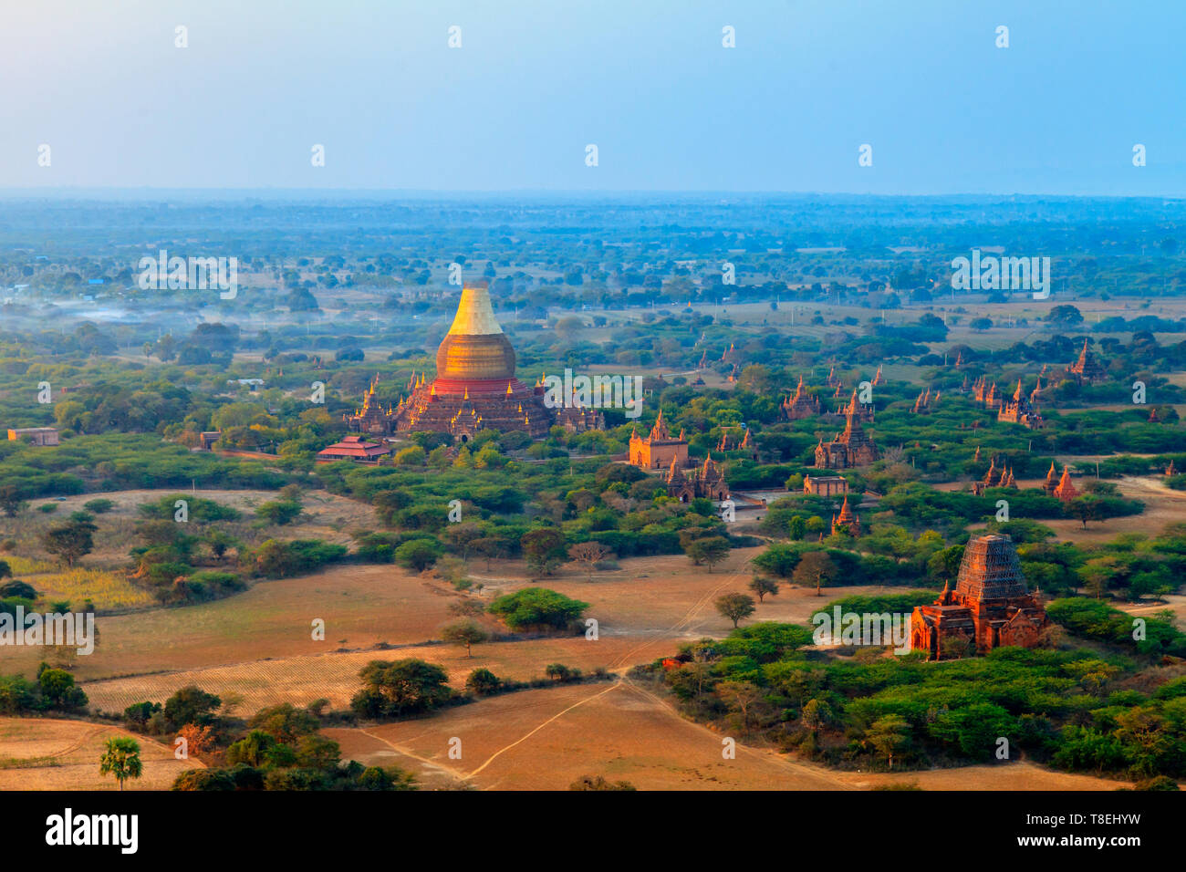View of the Dhammayazika Pagoda from a hot air balloon flying over Bagan, Myanmar Stock Photo