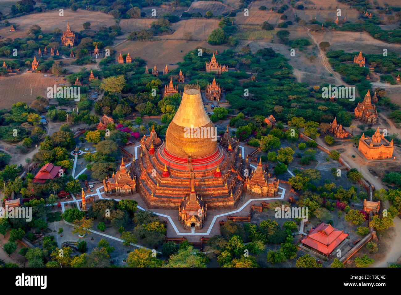 View of the Dhammayazika Pagoda from a hot air balloon flying over Bagan, Myanmar Stock Photo