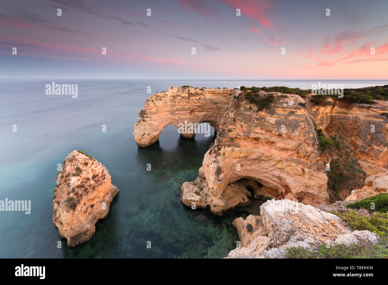 Amazing sunset at Marinha Beach in the Algarve, Portugal. Landscape with strong colors of one of the main holiday destinations in europe. Summer touri Stock Photo