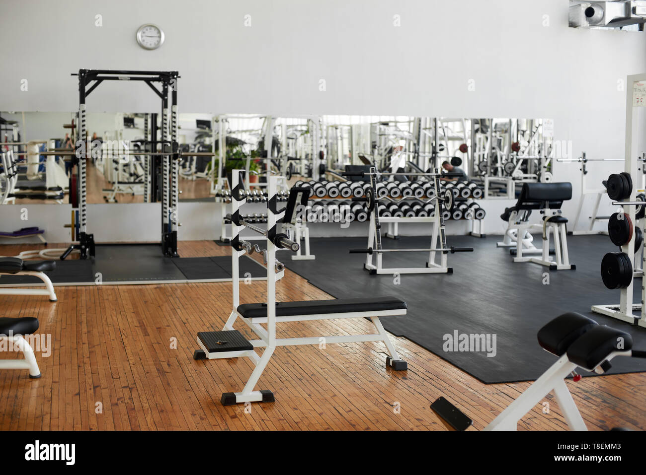 Gym interior with equipment. Modern fitness center with training equipment. Commercial gym interior design. Stock Photo