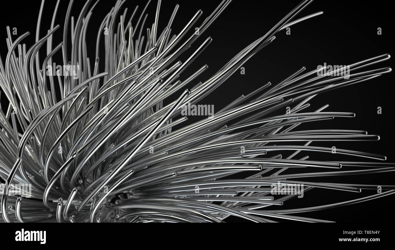 steel strings flowing on air. 3d illustration with black background ...