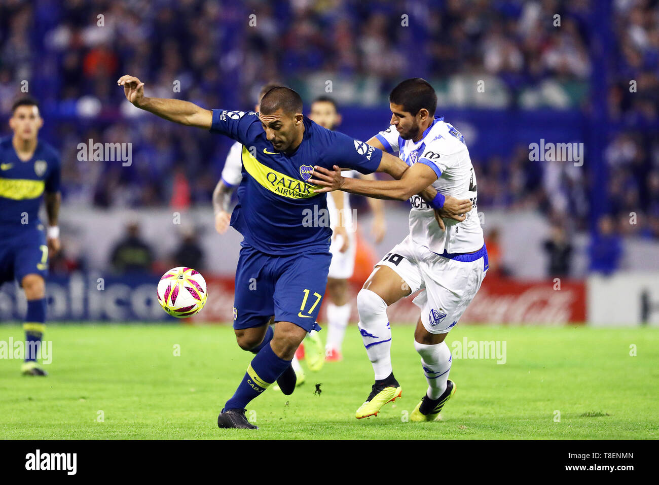 Buenos Aires, Argentina - May 12, 2019: Wanchope Avila (boca Juniors) fighting the ball against velez defense in Buenos Aires, Argentina Stock Photo