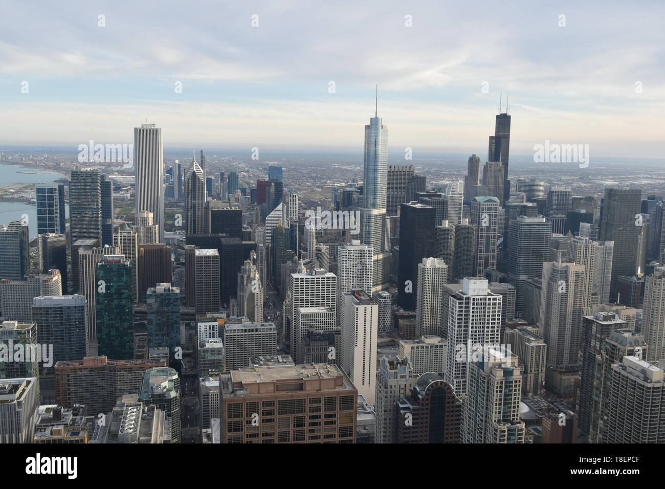 View of the Chicago skyline seen from the 360 Chicago observation deck atop the  John Hancock Center, Near North Side, Chicago, USA Stock Photo