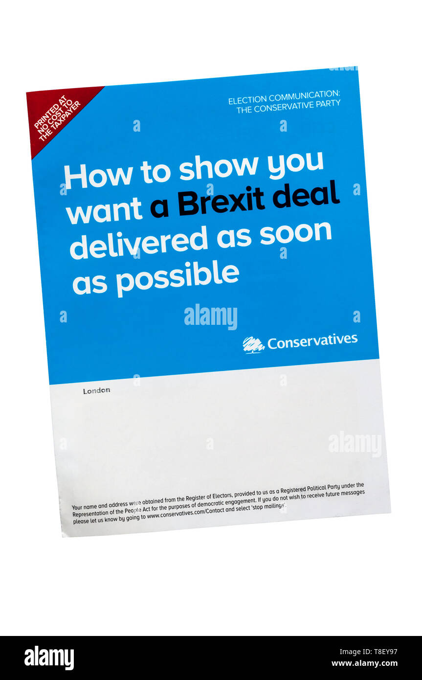 European election leaflet 2019 from the Conservative Party. Stock Photo