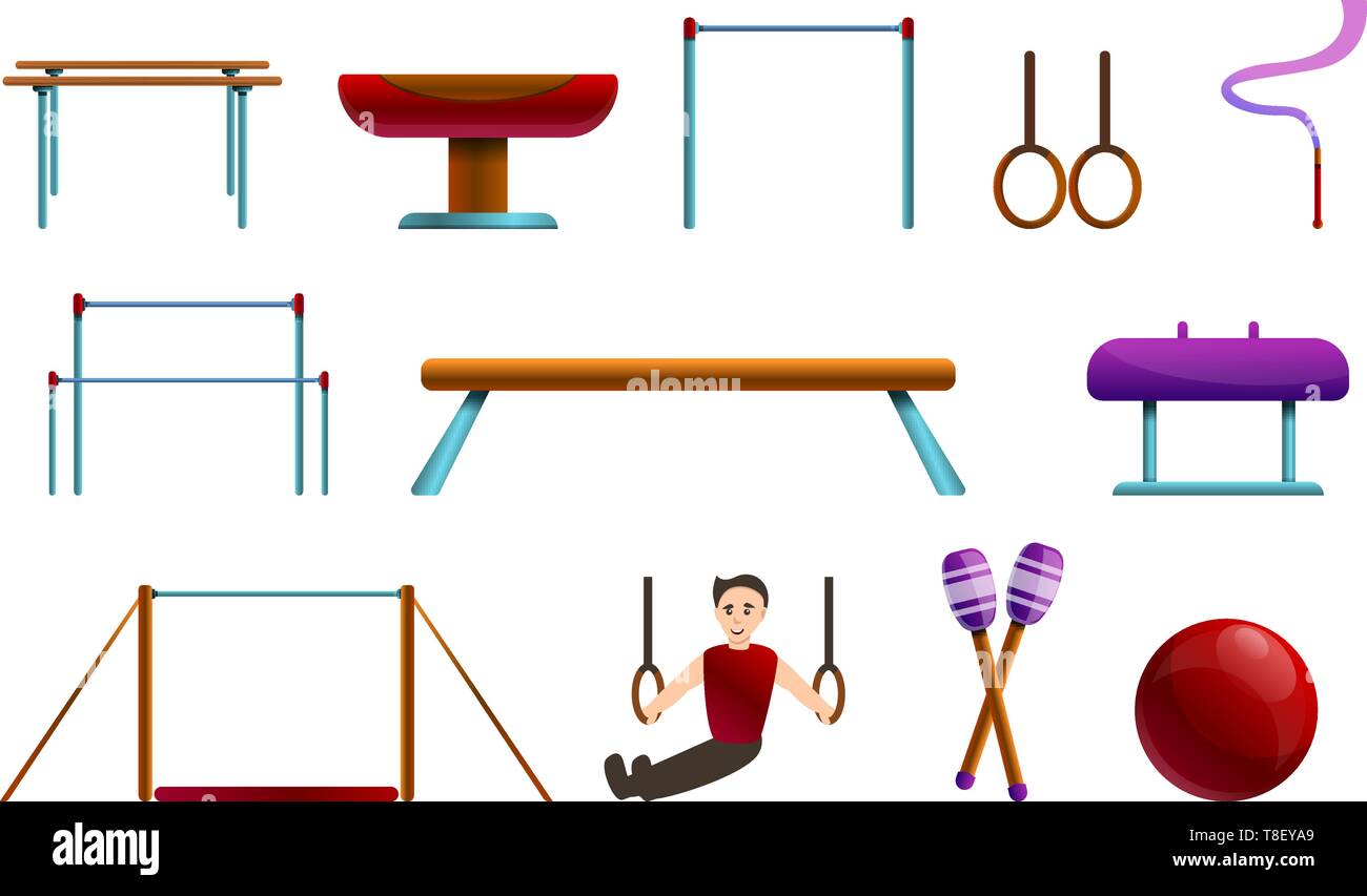 Gymnastics equipment icons set. Cartoon set of gymnastics equipment vector icons for web design Stock Vector