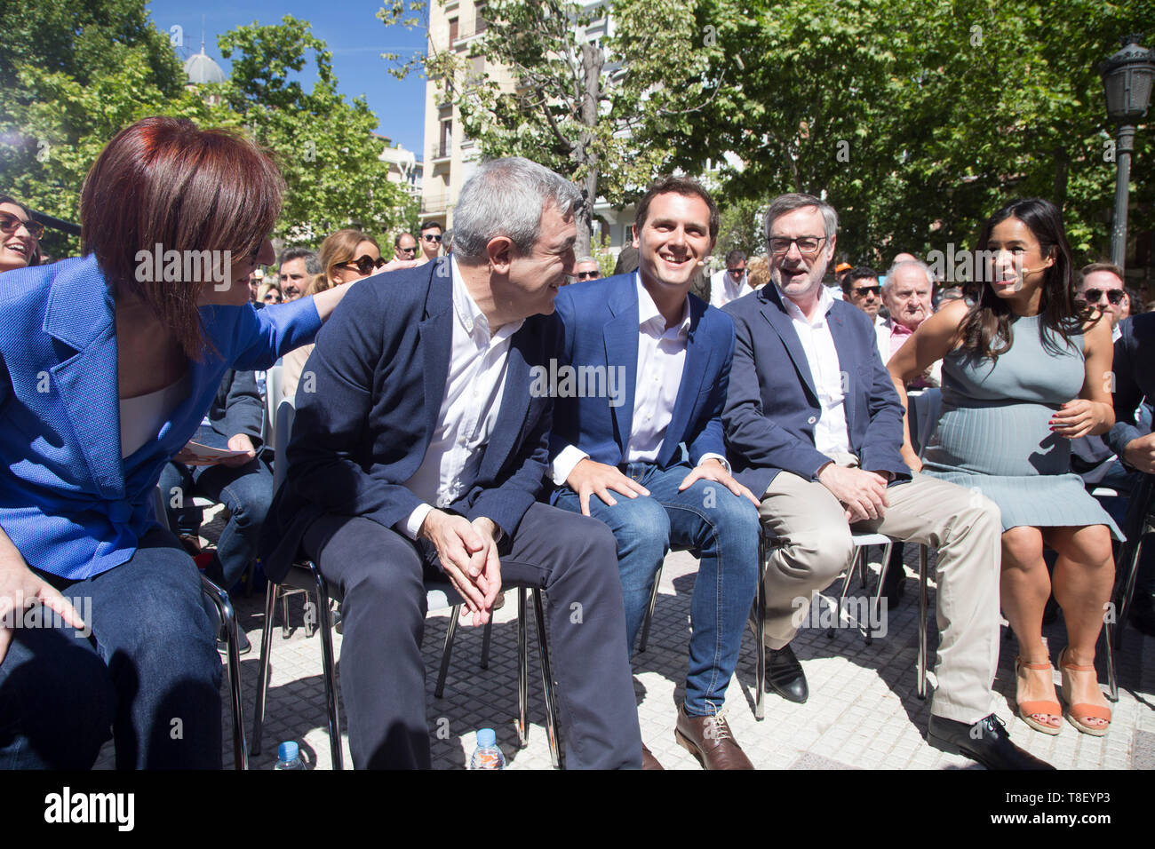 From left to right, Maite Pagazaurtundua, Luis Garicano, Albert Rivera, Jose Manuel Villegas and Begoña Villacís of Ciudadanos seen during the rally. Political party Ciudadanos holds its First rally in Madrid for the upcoming European elections, regional elections and local elections for next May 26. Stock Photo