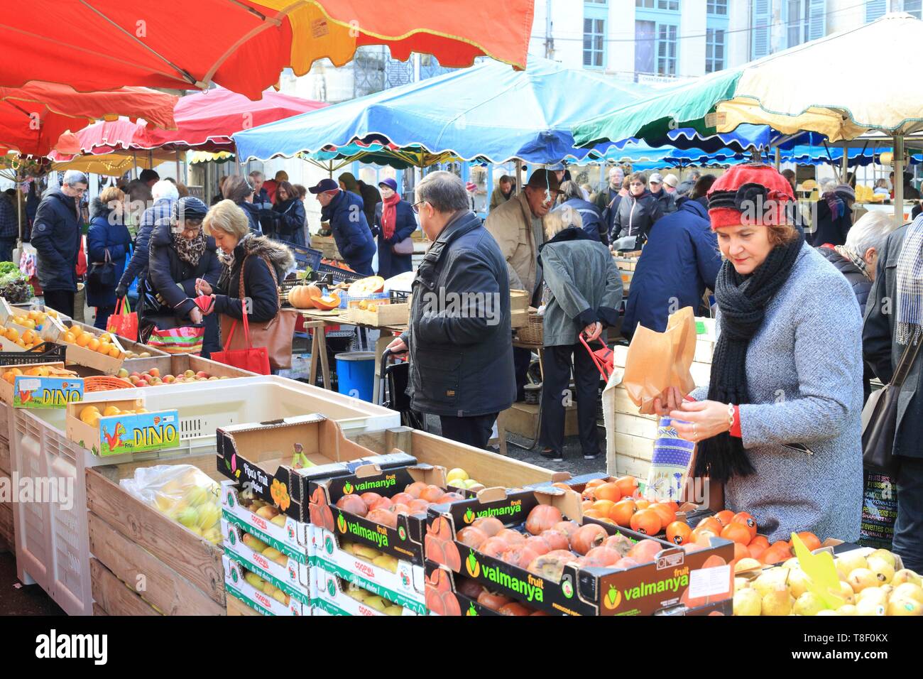 France, Dordogne, Perigord, Perigueux, market, fruit seller Stock Photo