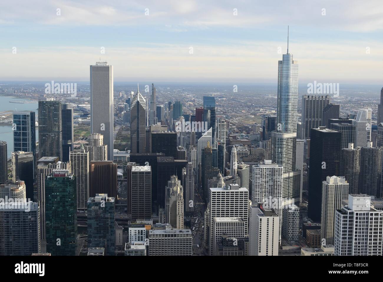 View of the Chicago skyline seen from the 360 Chicago observation deck atop the  John Hancock Center, Near North Side, Chicago, USA Stock Photo