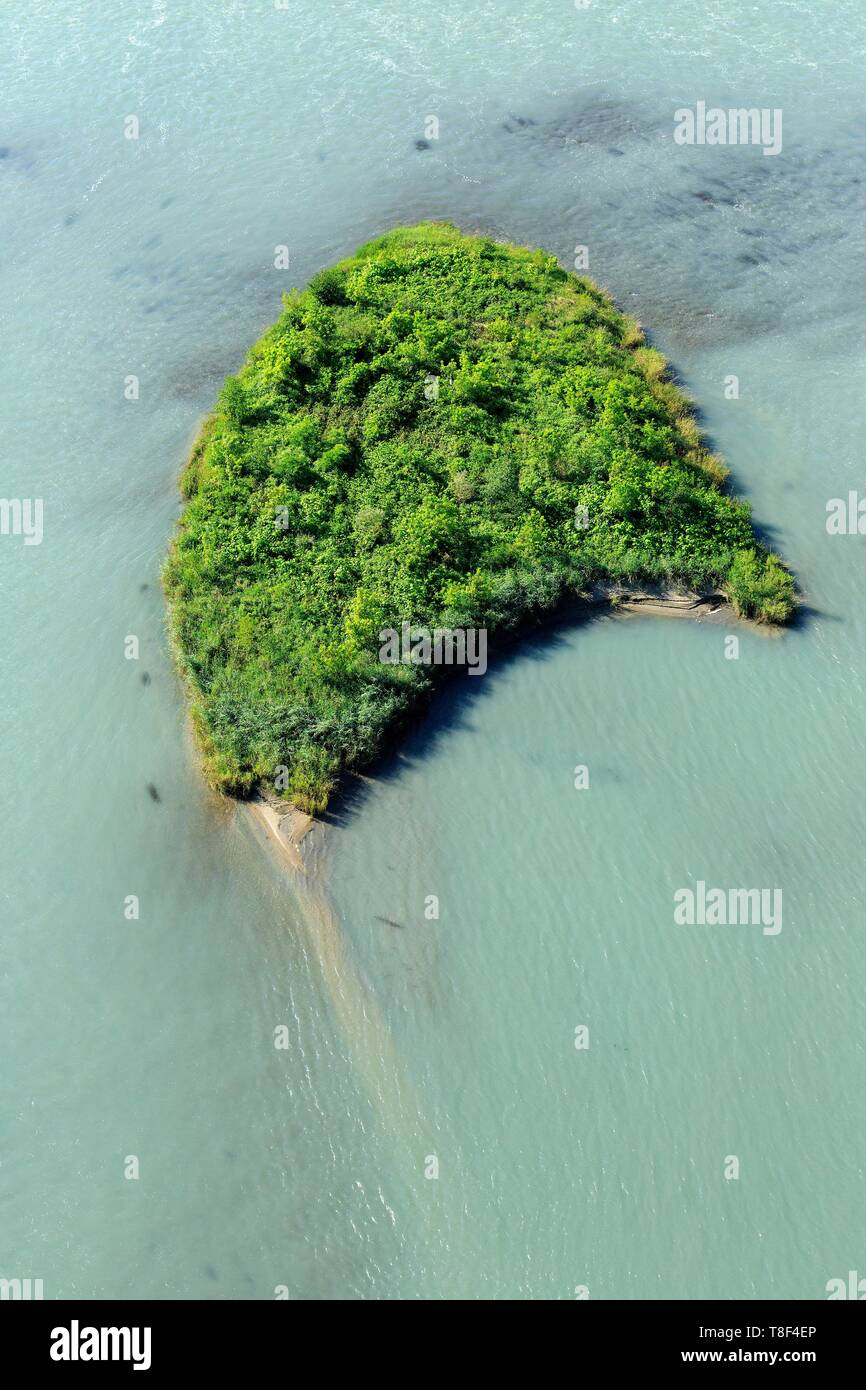 France, Isere, Les Avenieres, voluntary nature reserve of the Upper Rhone Islands, Ile des Molottes, Vieux Rhone (aerial view) Stock Photo