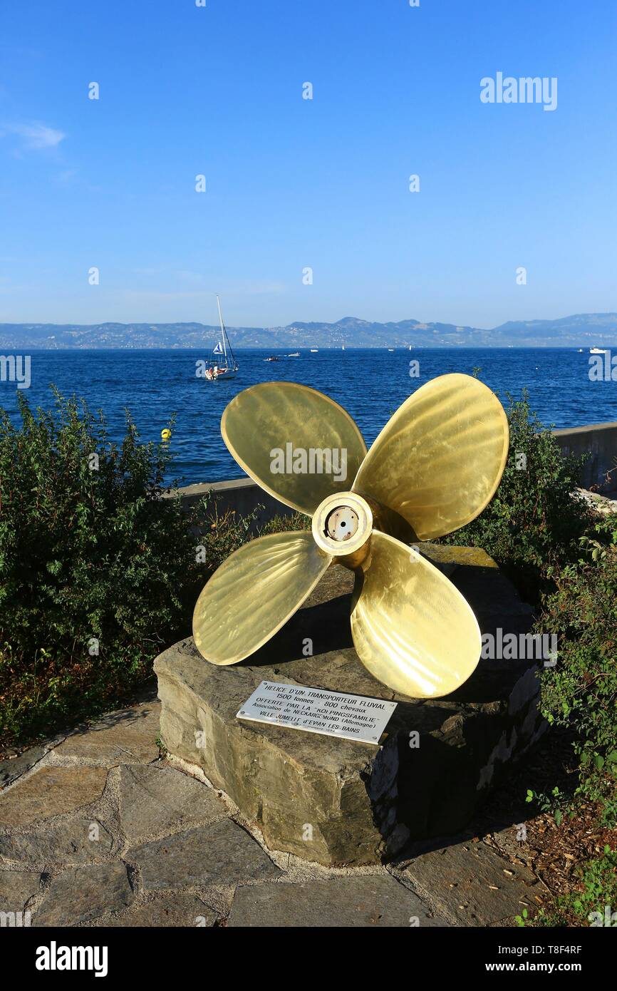 France, Haute Savoie, Evian les Bains, Lake Geneva, port of seagulls, propeller of a German river carrier Stock Photo
