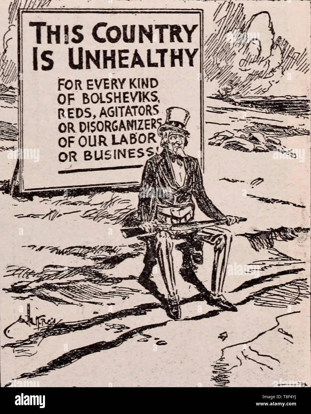 Anti-socialist propaganda WWI - Uncle Sam sitting in front of a sign reading This Country is Unhealthy for every kind of Bolsheviks, Reds, Agitators or Disorganizers of Our Labor or Business! Circa 1919 Stock Photo
