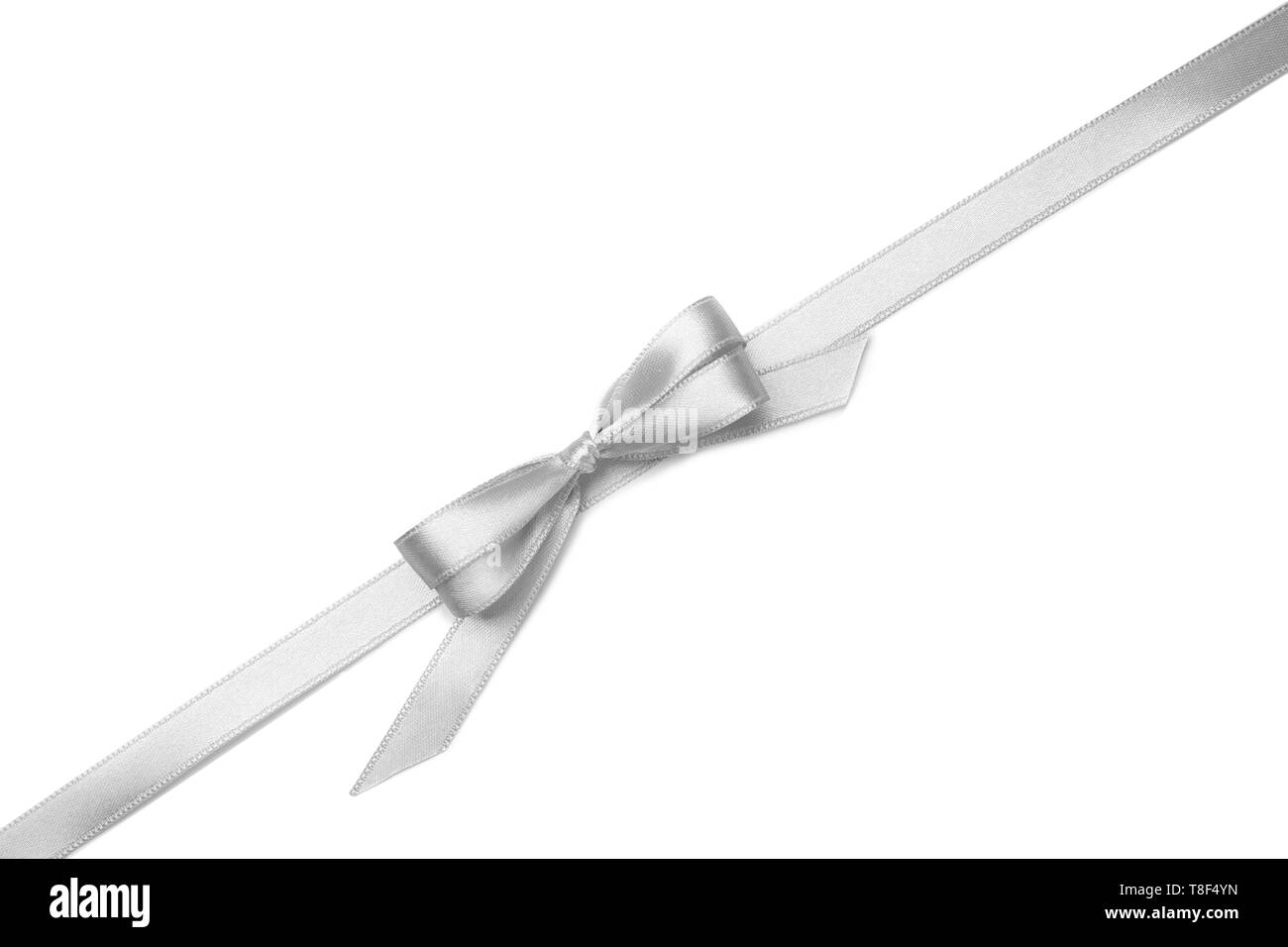 Silver ribbon with bow on white background Stock Photo - Alamy