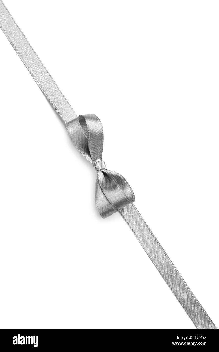 Silver ribbon with bow on white background Stock Photo - Alamy